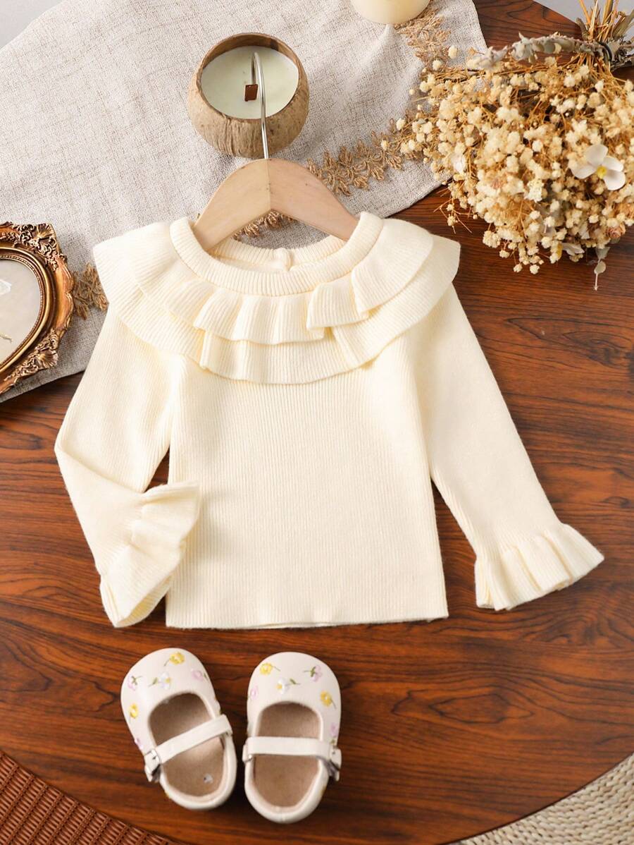 Baby Girl Fashionable Cute Double Ruffle Collar Ribbed Knit Sweater