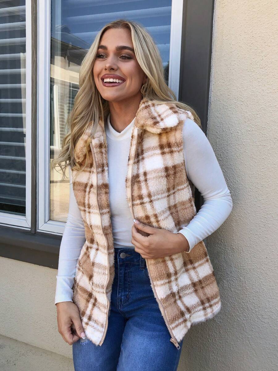 SHEIN LUNE Women's Plaid Print Zip-Up Fuzzy Vest Jacket, Autumn Fall Clothes