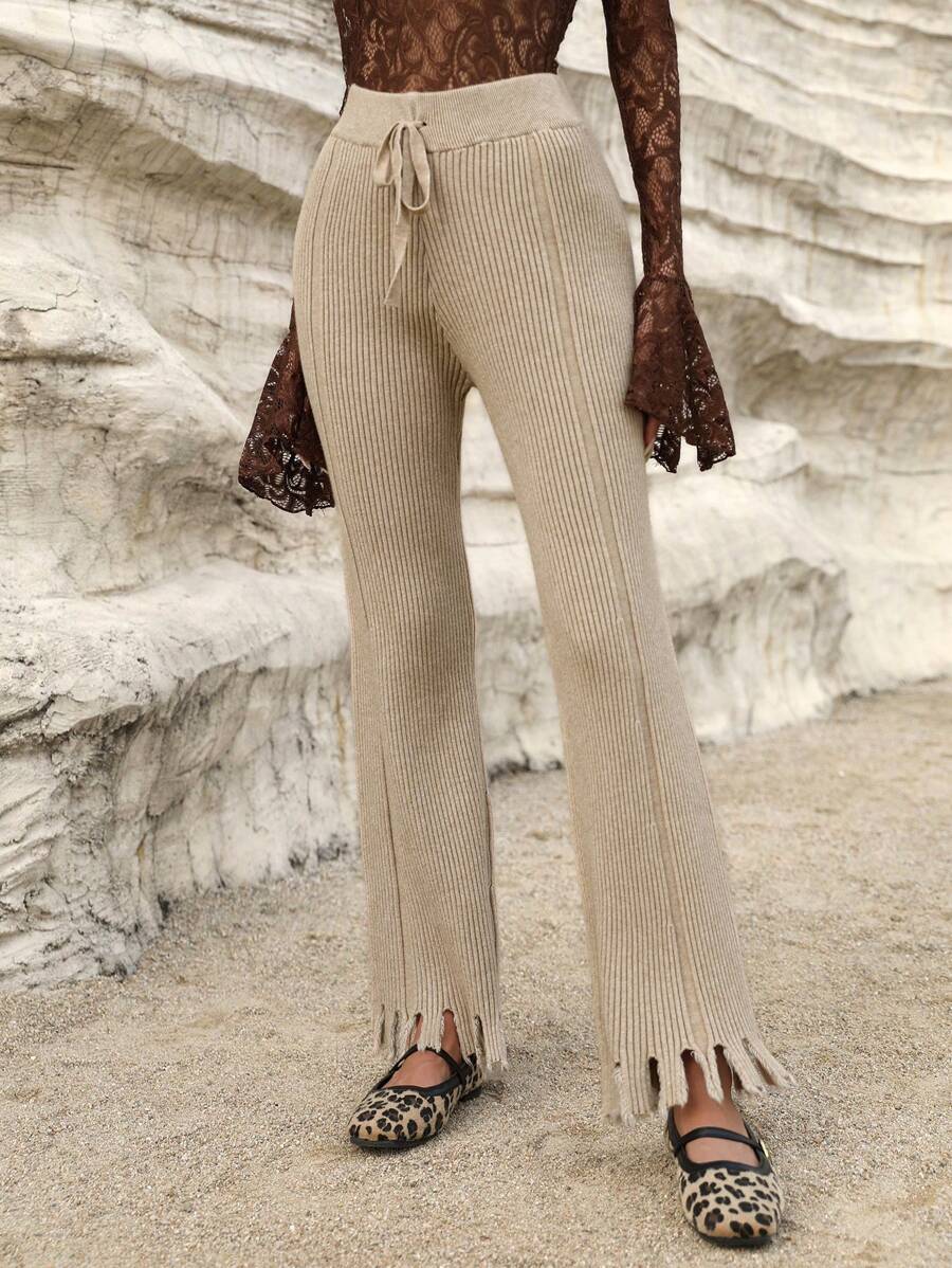 Aveloria High Waisted Belted Wide Leg Ripped Detail Relaxed Fit Women's Knit Pants