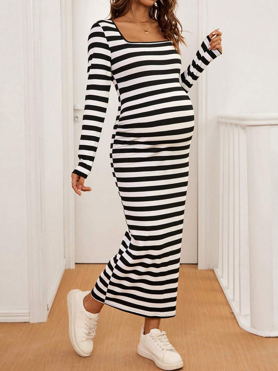 SHEIN Maternity Fashion Square Neck Long Sleeve Slim Fit Striped Design Dress