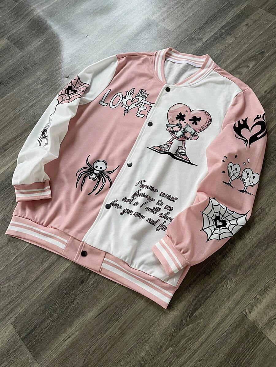 Manfinity EMRG Men Contrast Color Letter & Cartoon Print Baseball Collar Button Down Long Sleeve Jacket