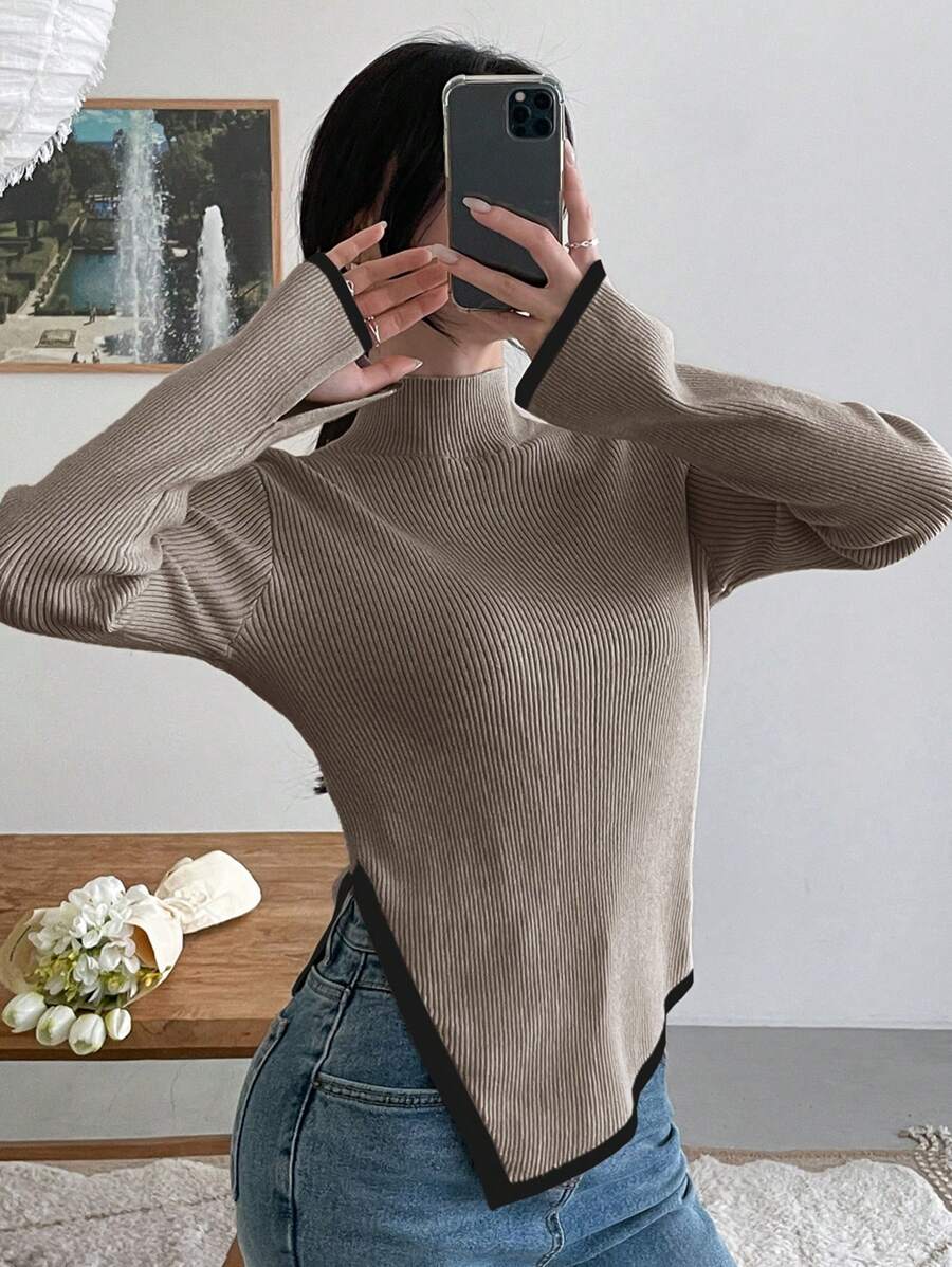 DAZY Women's Casual Color Block Asymmetric Hem Sweater, Autumn