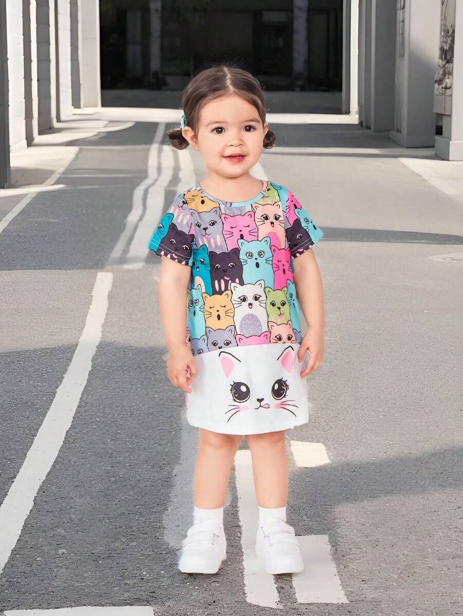 SHEIN Leuke gebreide cartoonpatroon patchwork losse jurk met korte mouwen voor babymeisjes, zomer