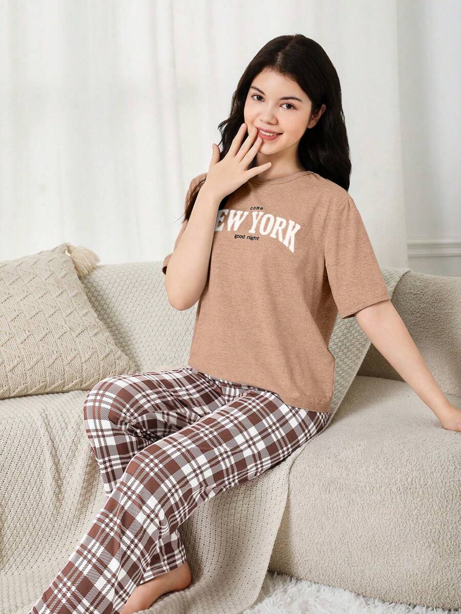 Teen Girl New Simple Top With Letter Print, Plaid Digital Print Pants, Casual Home Two Pieces Set