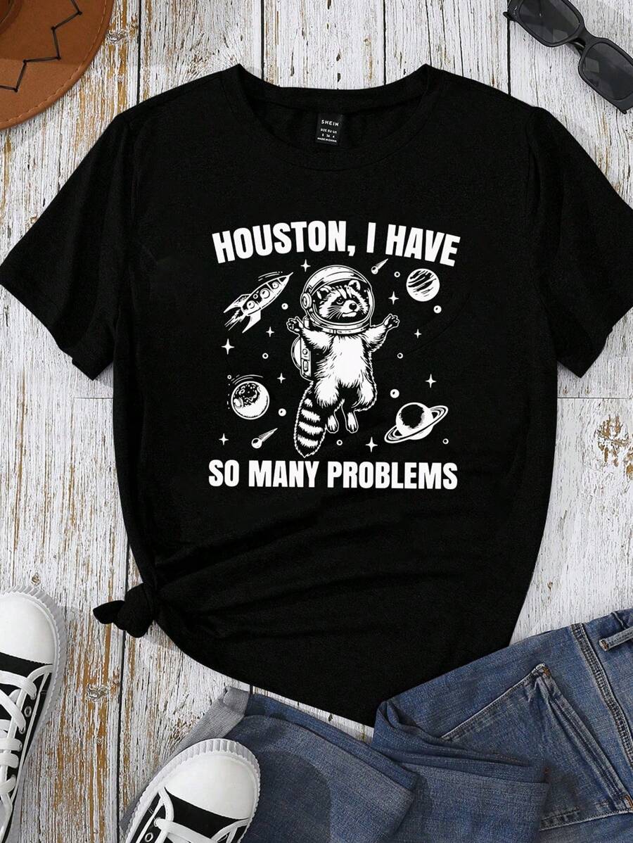 INAWLY Plus Size Vrouwen Astronaut Raccoon Ruimte Print Ronde Hals Korte Mouw Casual T-shirt Grafische T-shirts Vrouwen Tops, Voor De Zomer
