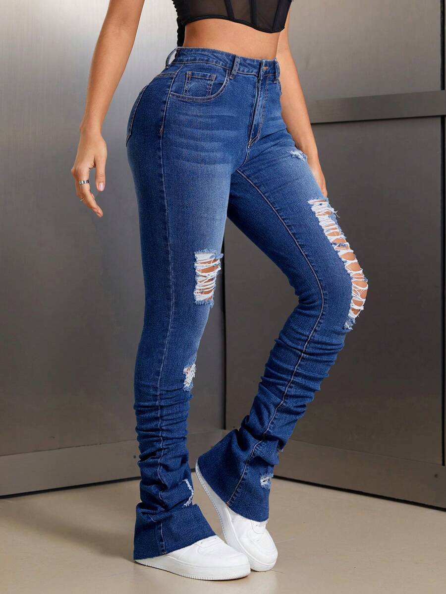 SHEIN SXY Dames gescheurde geplooide slim fit casual jeans