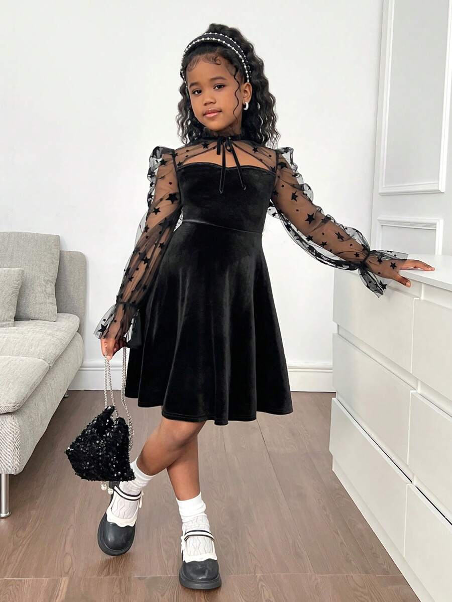 SHEIN Tween Girls Luxurious Velvet & Mesh Splice, Star Embroidered Hollow Waist Party Dress, For Party, Halloween