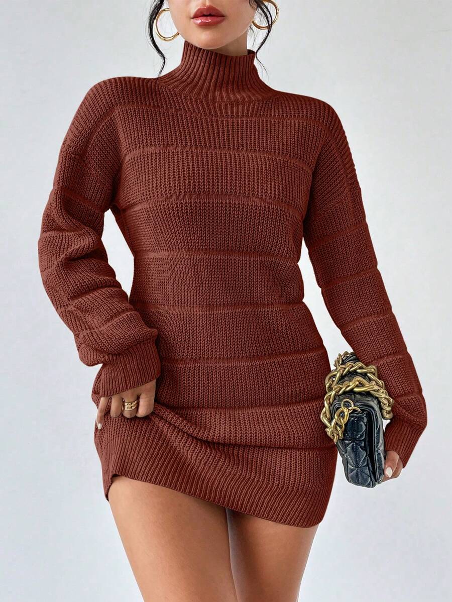 Chiquease Women's Solid Stand Collar Long Sleeve Short Style Casual Knit Sweater Dress, Autumn/Winter