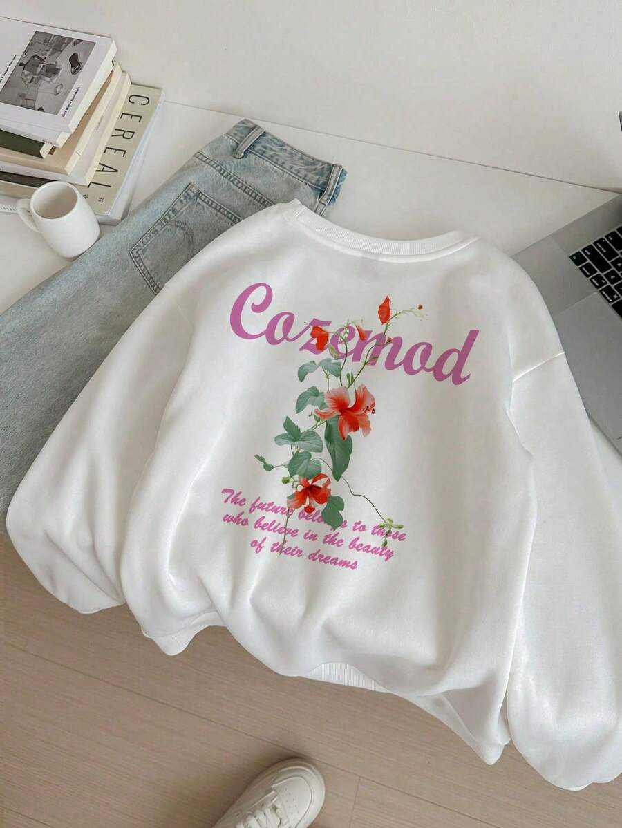 Manfinity VCAY Plus Size Men's Casual Floral Printed Loose Drop Shoulder Crew Neck Sweatshirt, Suitable For Autumn And Winter