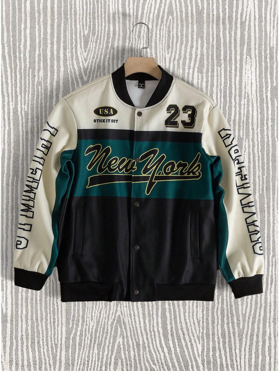 Manfinity Sporsity Men's Casual Contrast Color Letter Print Jacket, Autumn
