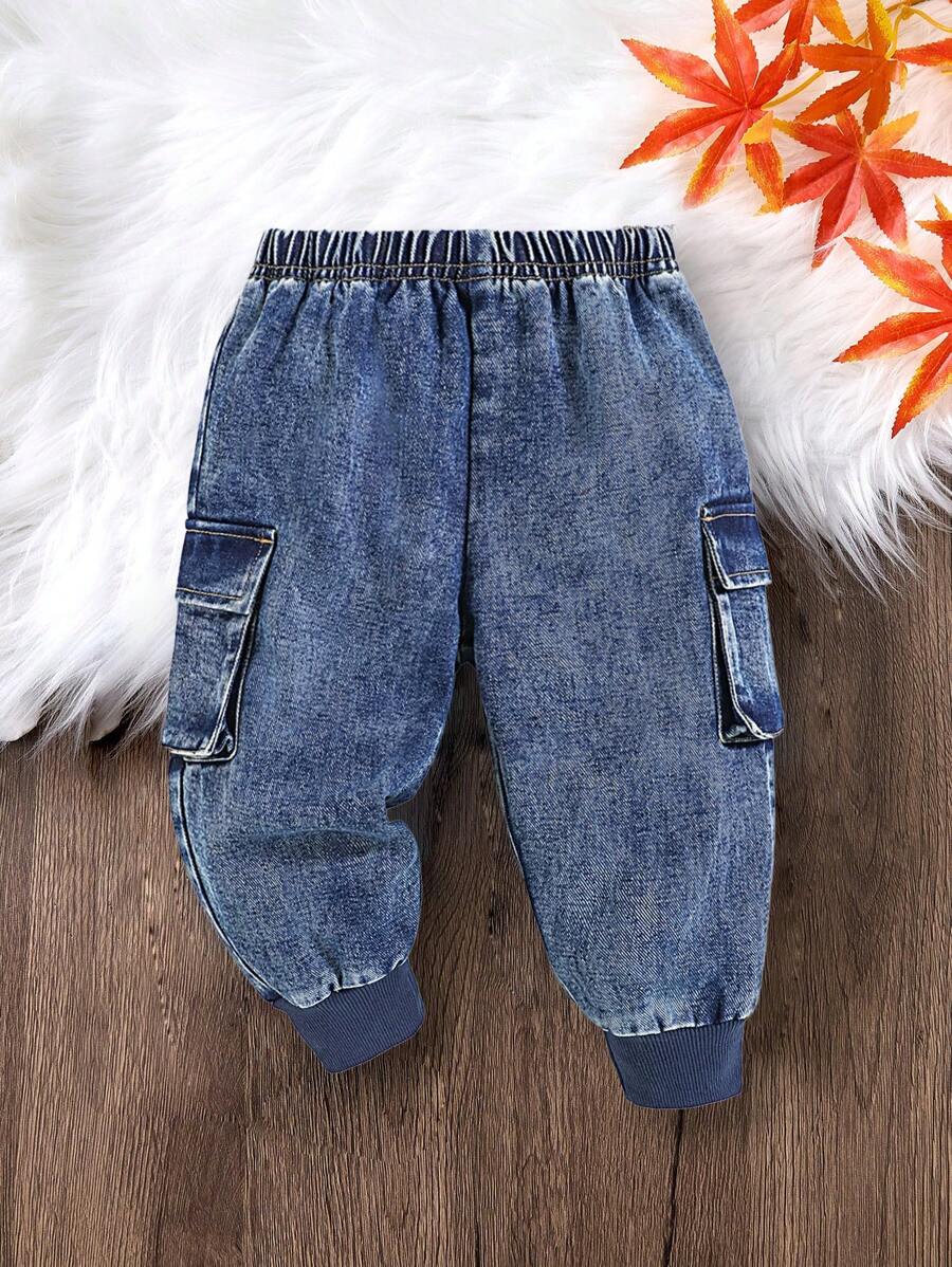 SHEIN Baby Boys' Stonewashed Cargo Pocket Ribbed Hem Loose Fit Blue Denim Jogger Pants,For Baby Boys Fall And Winter Clothes