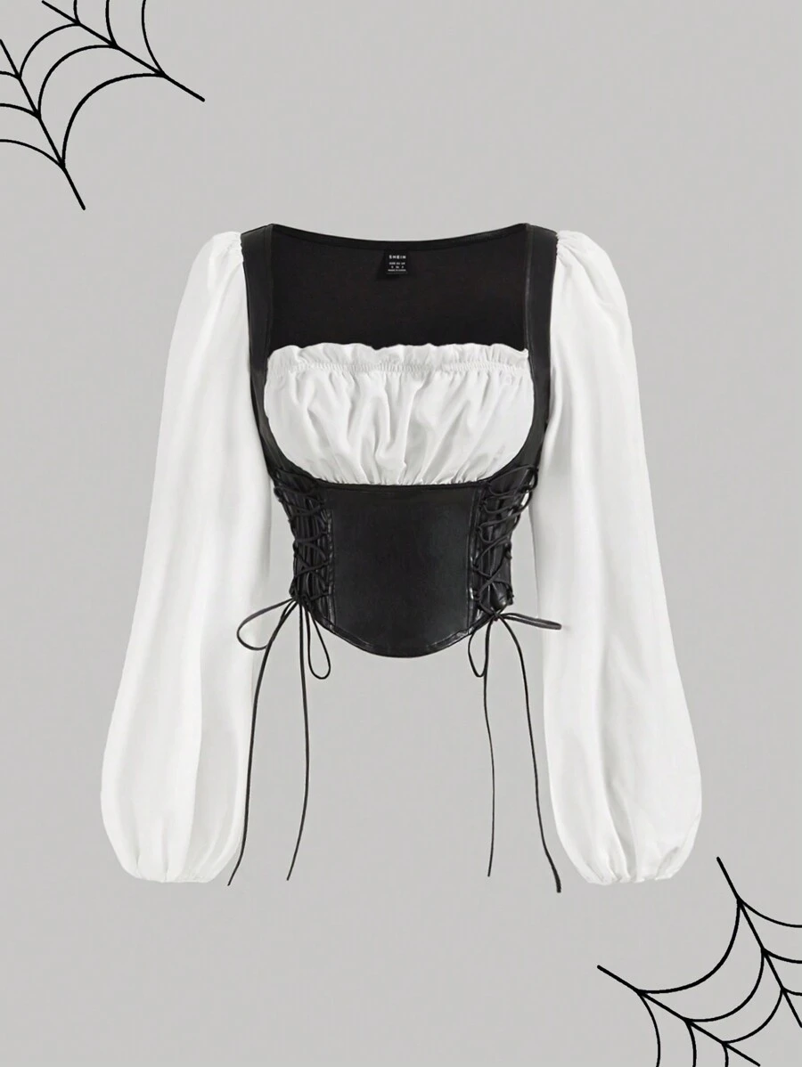 SHEIN MOD Blusa de manga farol con parches de PU en blanco y negro, ropa de bruja, ropa de Halloween, ropa de vampiro, atuendos de aeropuerto para mujeres, disfraz de Catwoman