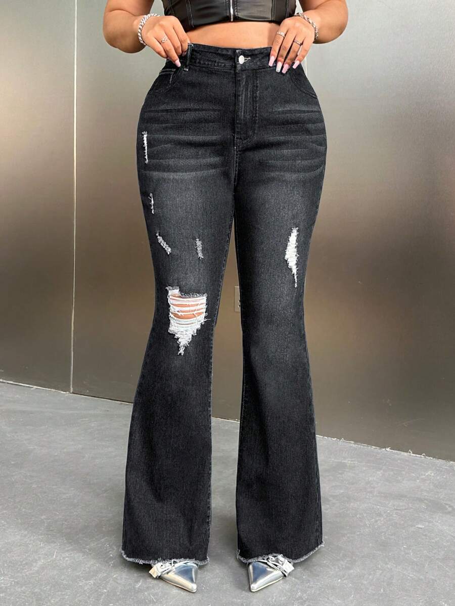 SHEIN ICON Jeans acampanados de cintura alta con agujeros desgastados, estilo Y2K de talla grande para mujer