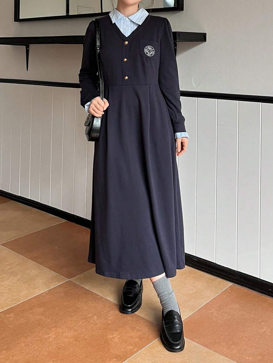DAZY Women's Contrast Color Patchwork Long Dress In College Style Shirt Dress