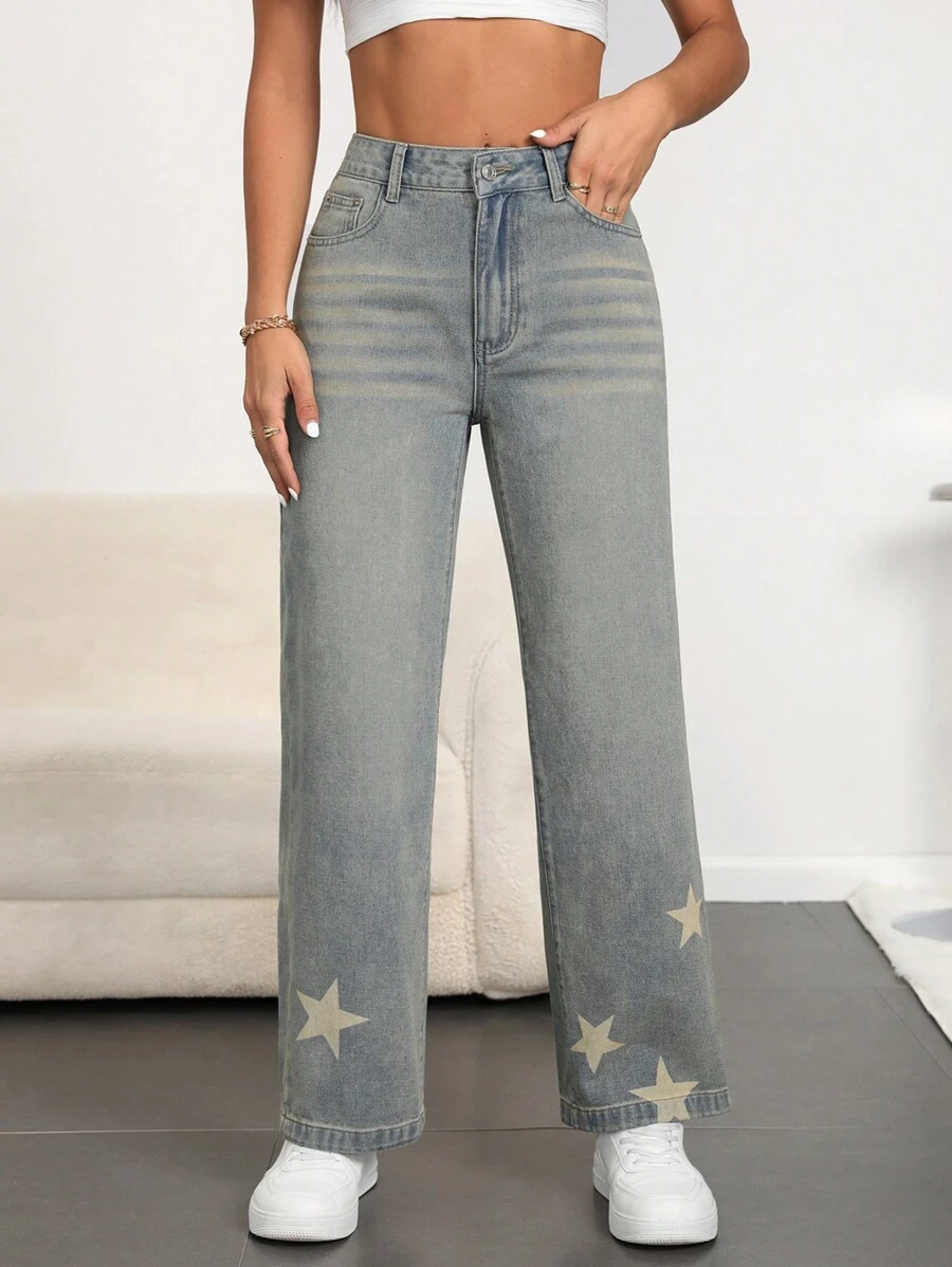 SHEIN Essnce Women's Loose Fit Five-Pointed Star Print Pocketed Casual Flared Jeans