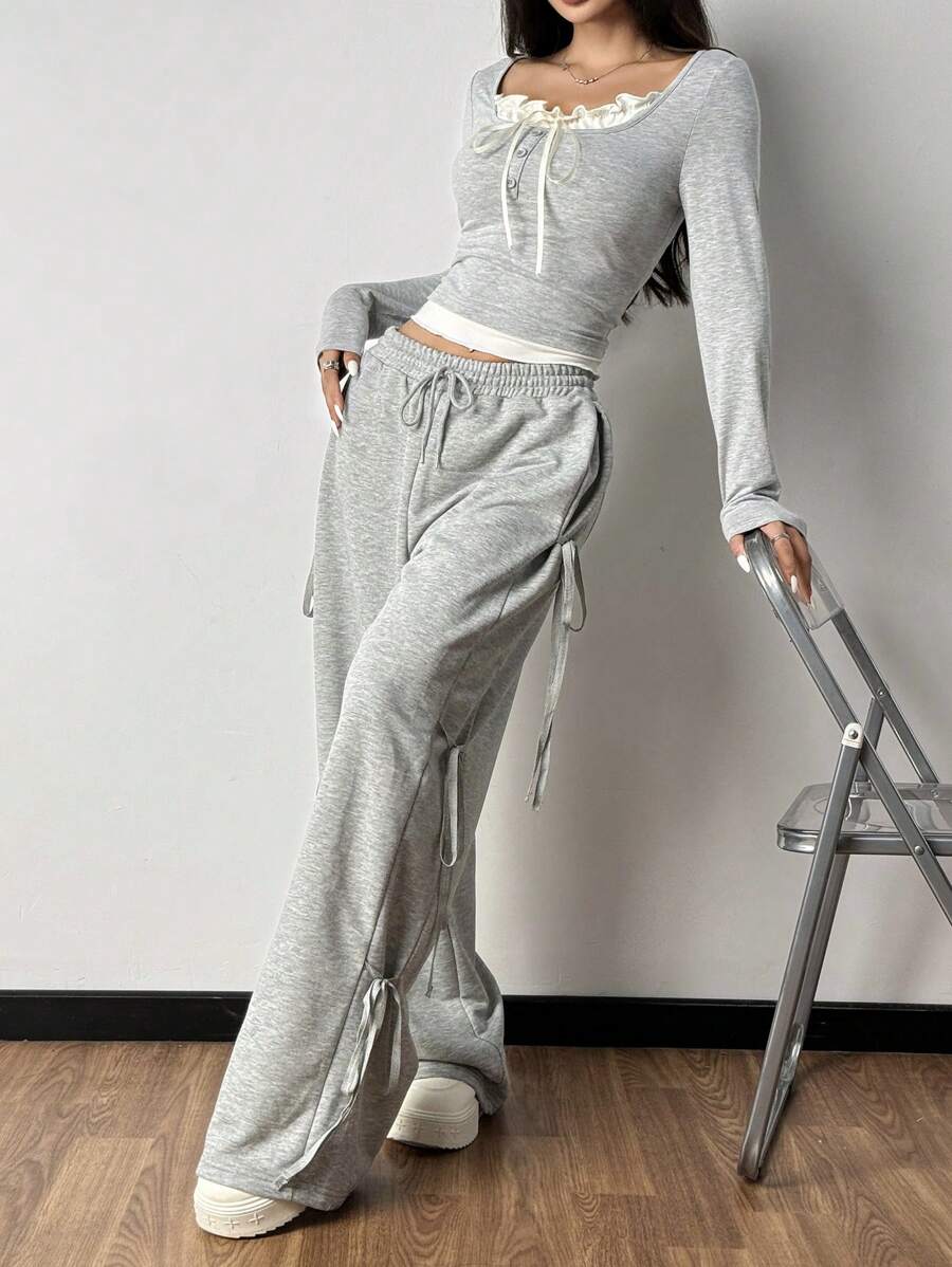 SHEIN EZwear Women's Spring Autumn Ruffle Trim Front Tie Long Sleeve T-Shirt And Drawstring Waist Wide Leg Pants Casual 2-Piece Set