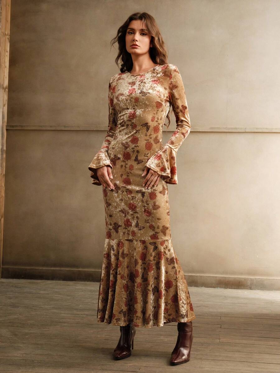 Anewsta Vestido largo de manga larga con estampado de rosa de terciopelo tipo sirena para mujeres, atuendo de mujer maxi