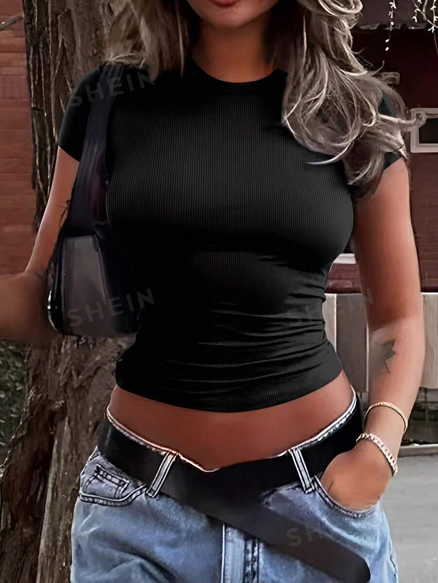 INAWLY Solva Camiseta de manga corta de ajuste ceñido de color liso sencillo para mujer, verano