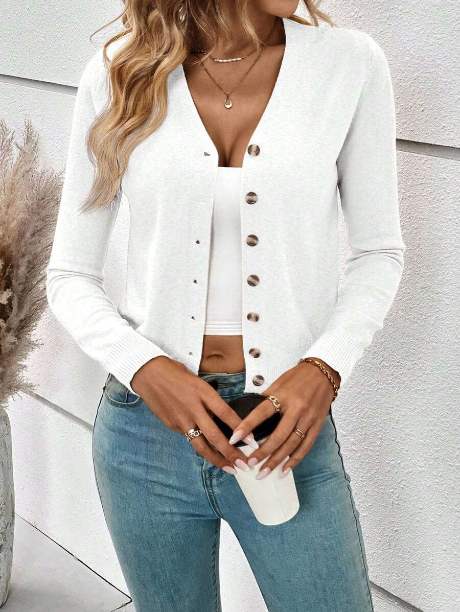 SHEIN Frenchy Women's Casual Solid Color Short Cardigan, Autumn,Long Sleeve Tops
