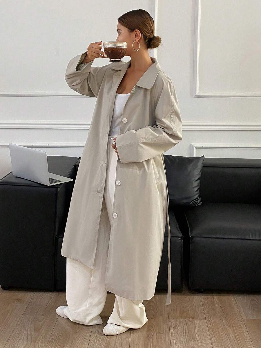 DAZY 1pc Women's Loose Solid Color Long Sleeve Waist Belt Pocket Trench Coat