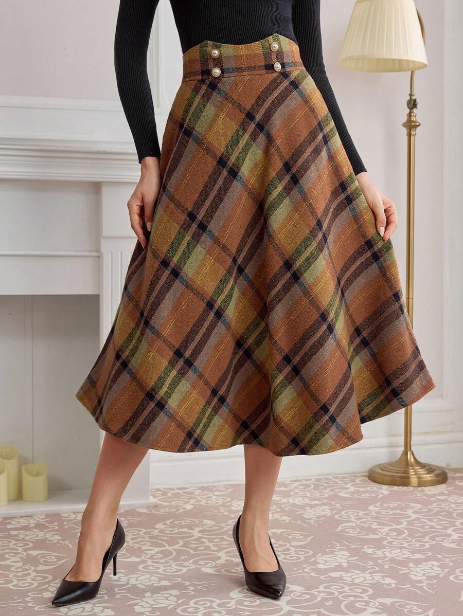 Vintamour Retro Elegant Daily A-Line Skirt, Checkered Orange-Brown Thanksgiving Women Outfit Fall Clothes Winter Women Skirt