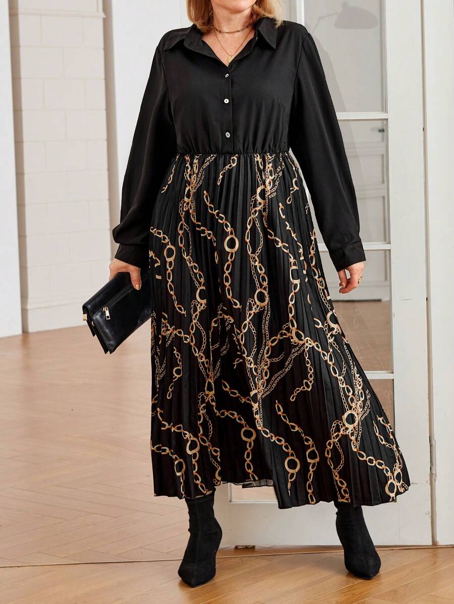 Plus Size Elegant Chain Printed Lantern Sleeve Pleated Hem Dress