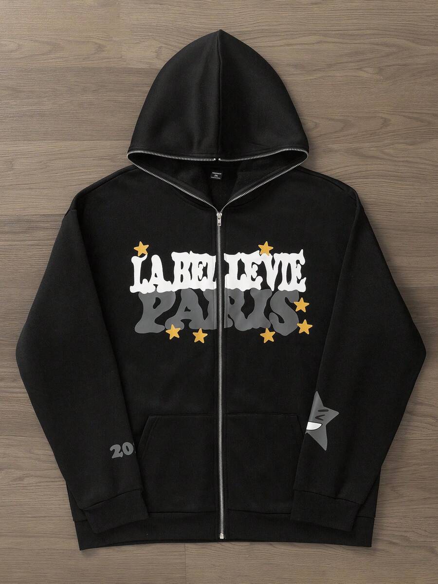 Manfinity Hypemode Chaqueta con capucha con cremallera y estampado de letras y estrellas, talla grande, para primavera y otoño, para hombre