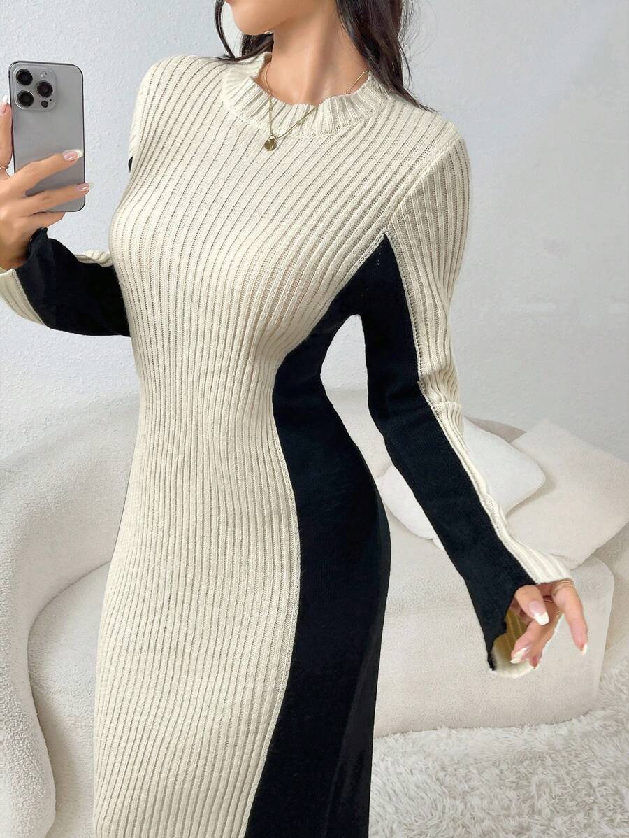 Mulvari Women's Autumn/Winter Crew Neck Long Sleeve Colorblock Ribbed Long Knitted Sweater Dress