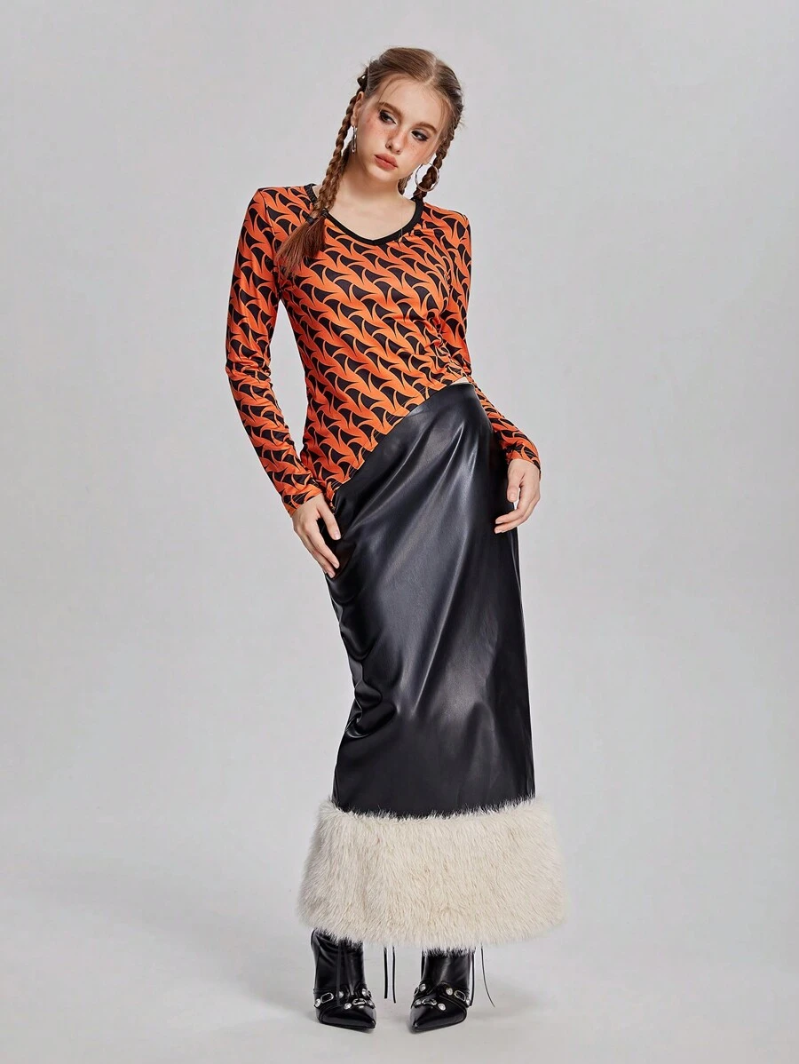 SHEIN 2 Stücke/Set grafikbedrucktes figurbetontes V-Ausschnitt Top kombiniert mit Kunstleder & flauschigem Patchwork Rock für Teenager Mädchen, Herbst/Winter