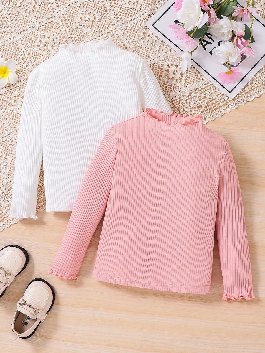 SHEIN Conjunto de 2 piezas para niña joven, compra 1 lleva 1 gratis, top de manga larga con cuello alto y volantes en olas de unicolor, adecuado para uso casual, diario y escolar, estilo universitario, vuelta al colegio, fiesta, para otoño e invierno