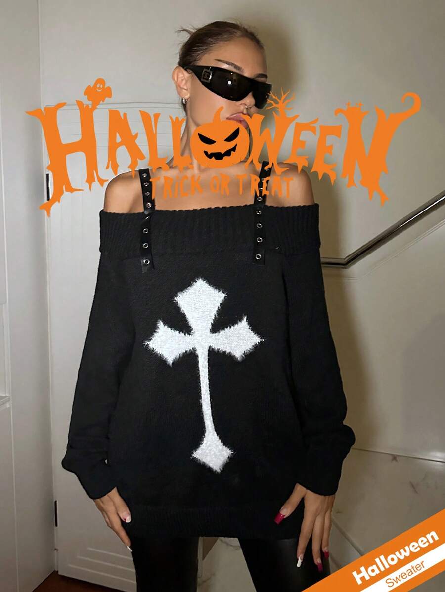 SHEIN ICON Halloween Cross Pattern Casual Oversized Long Sleeve Sweater With Thick Straps Outfits, Women Clothes
