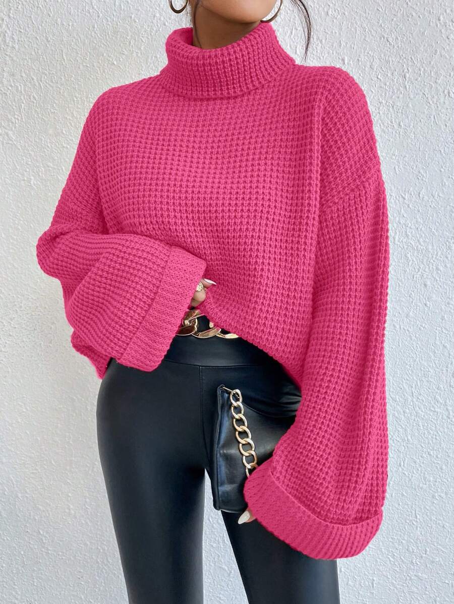 Calvaya Suéter de cuello alto suelto de un solo color con hombros caídos, otoño e invierno, para mujer
