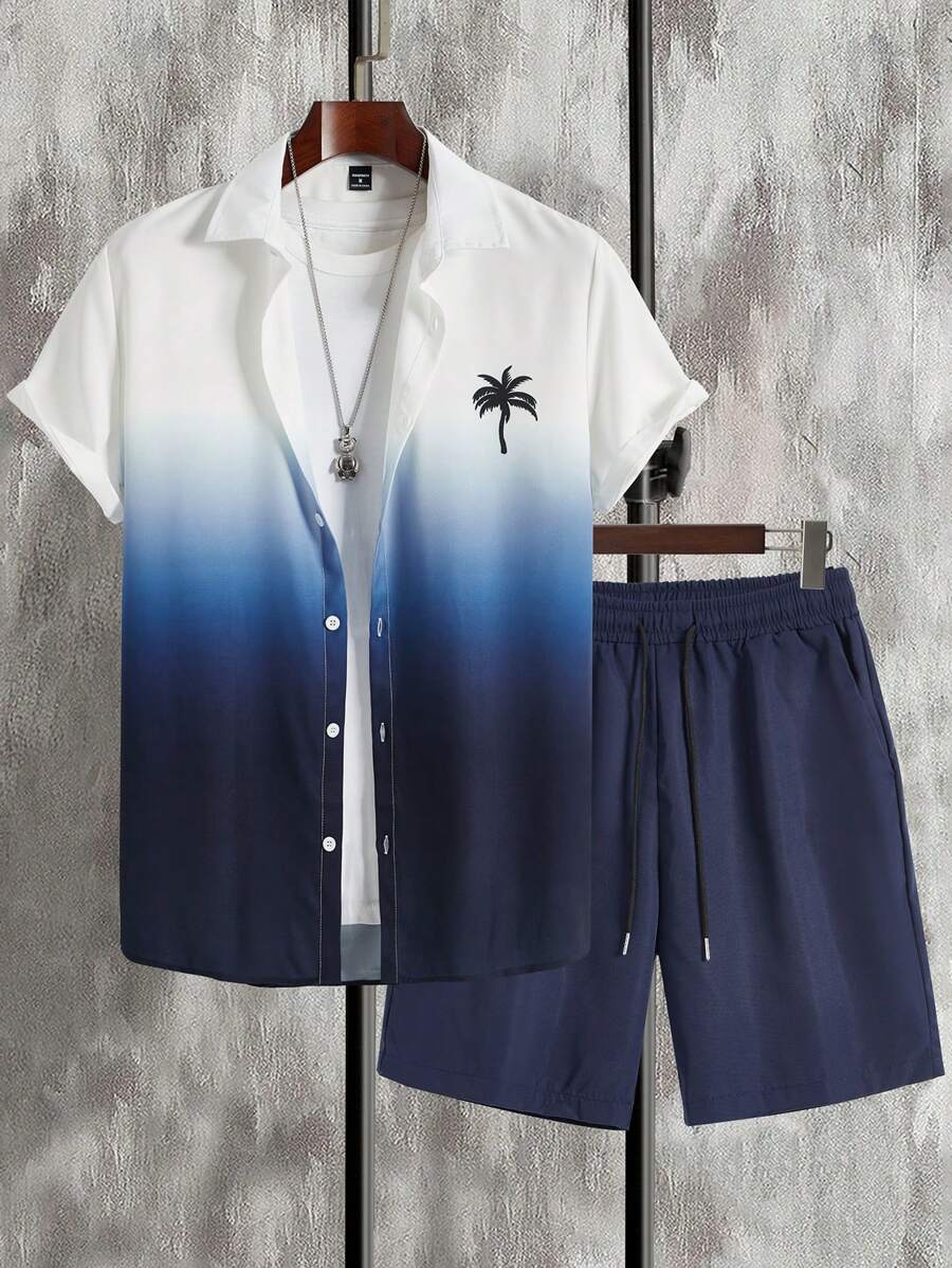Manfinity Chillmode 2pcs Men's Vacation Style Palm Tree Ombre Print Short Sleeve Shirt And Drawstring Waist Shorts Set, Summer