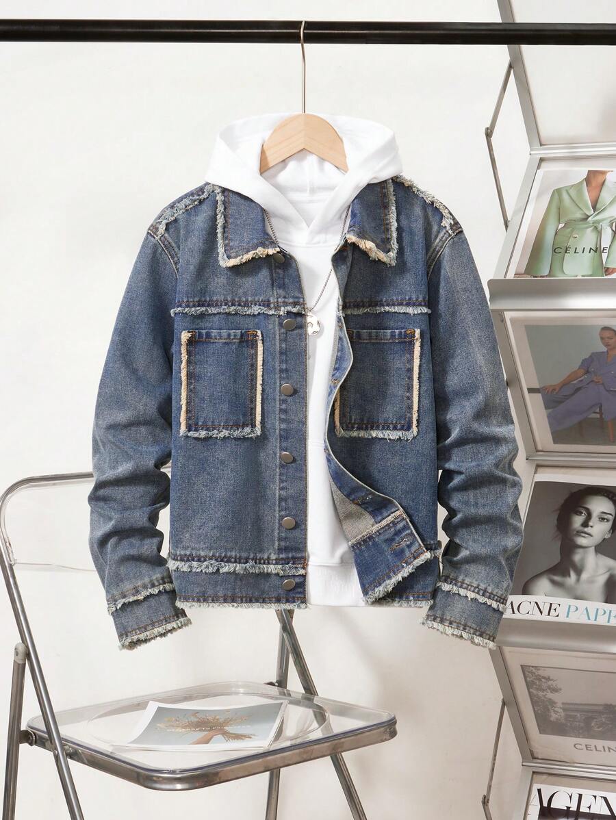 Chaqueta de mezclilla de estilo casual urbano, de moda, versátil y holgada con diseño gráfico personalizado y aspecto desgastado para adolescentes varones