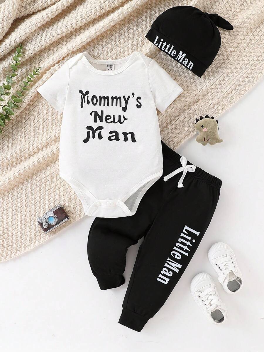 Conjunto de 3 piezas para bebé recién nacido niño: mono con capucha con estampado de letras lindas talla grande pantalones, para primavera y verano