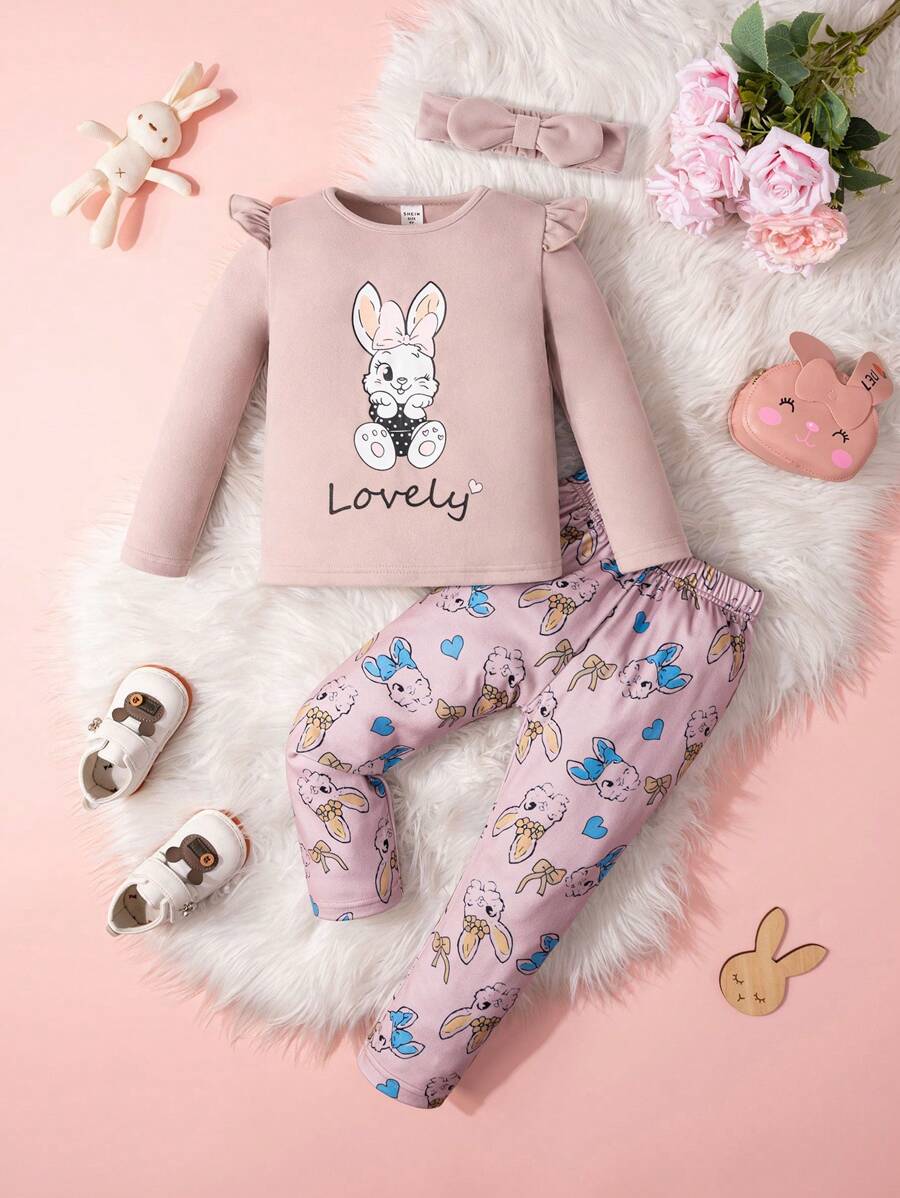 3 piezas Set de leggings con estampado de conejito lindo, camisa de manga larga y diadema para niña joven, ropa de estar en casa casual