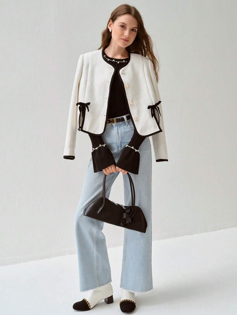 Enchnt Autumn Romantic Women's Sweetheart Contrast Color Bow-Decor Hem Elegant Short White Tweed Jacket