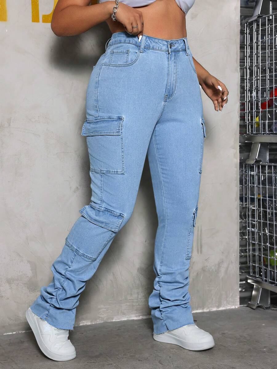 SHEIN CURVE+ Plus Size Women's Cargo Pocket Skinny Stretch Denim Fashion Jeans