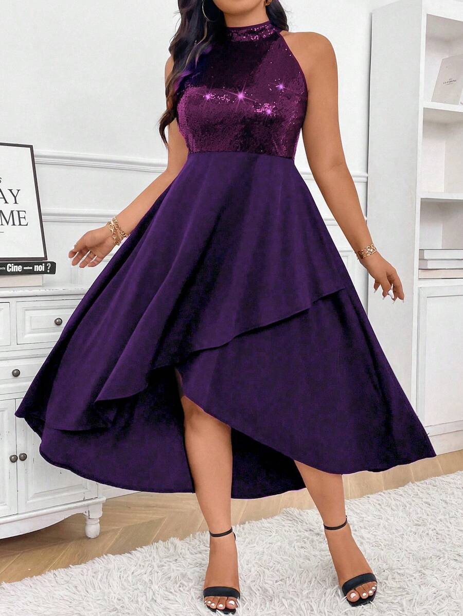 Celure Robe maxi d'été pour femmes grande taille élégante avec paillettes, patchwork et ourlet enveloppant