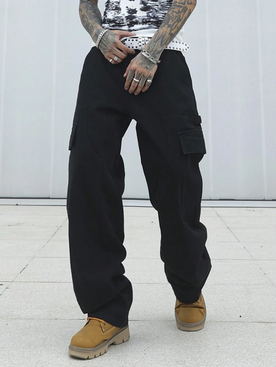 Manfinity LEGND Jeans casual larghi e diritti di colore unito con tasche utility per uomo taglie forti