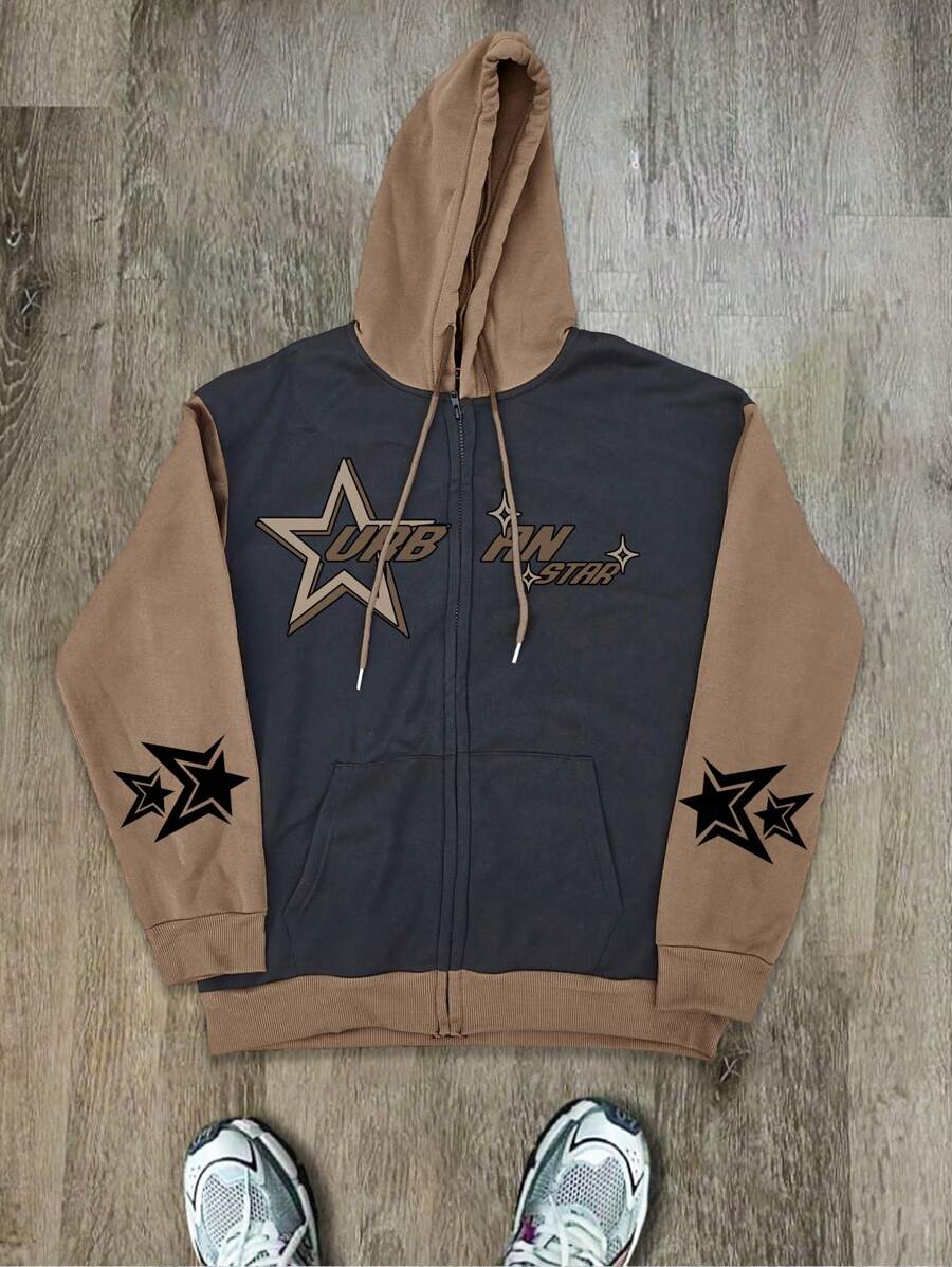 Manfinity EMRG Men's Hooded Drawstring Long Sleeve Pentagram Print Contrast Color Casual Sweatshirt
