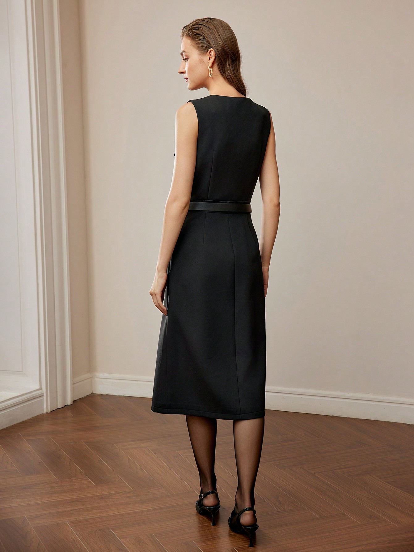SOLID FLAP DETAIL SINGLE BREASTED PLACKET BELTED MIDI DRESS