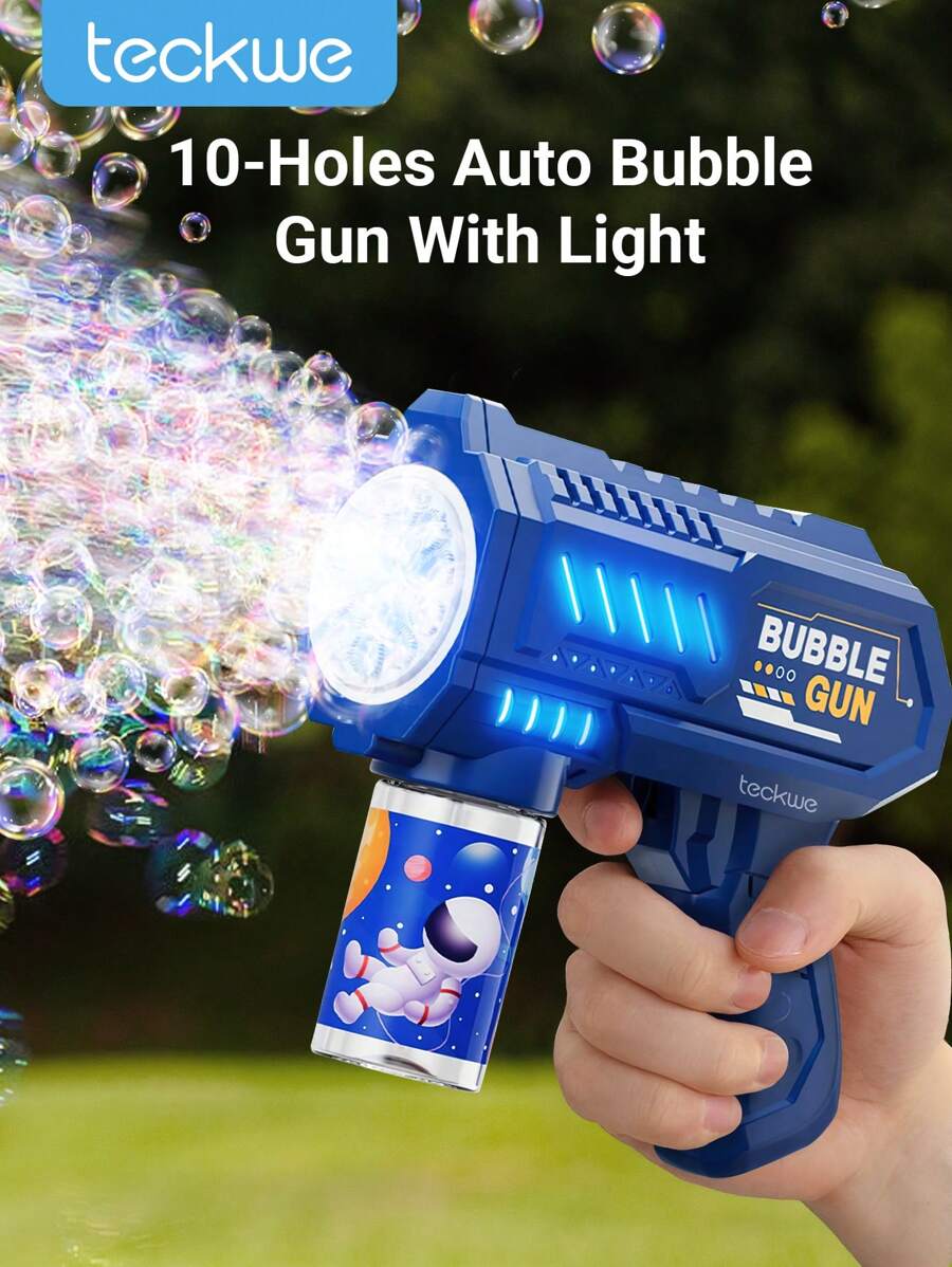 Teckwe Pistola de burbujas para niños con soluciones de burbujas, soplador de burbujas, juguete de verano, para exteriores, regalo de cumpleaños, regalos navideños, imprescindible para accesorios de campamento y vacaciones, suministros de campamento