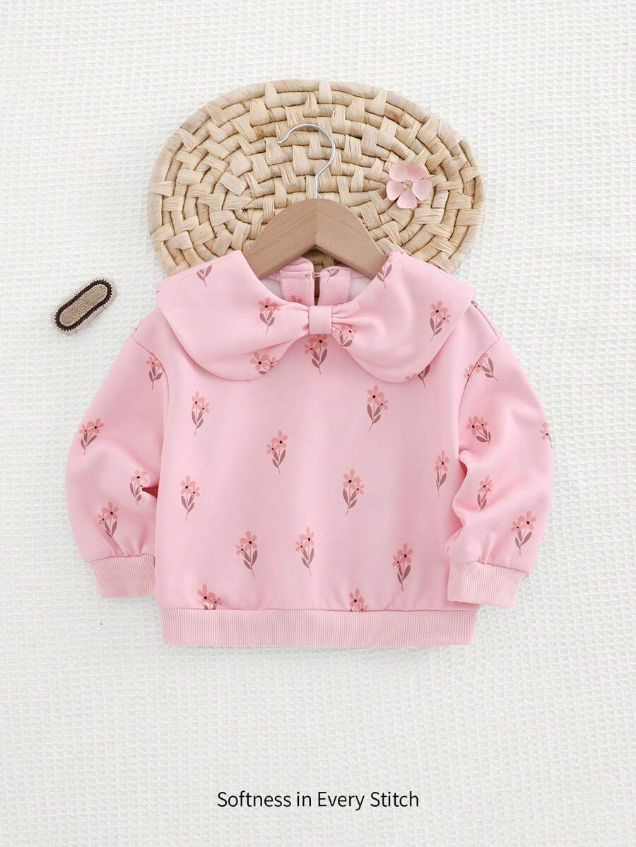 Cozy Pixies Baby Girl Tulip Graphic Decorated Big Bow Crew Neck Long Sleeve Sweatshirt
