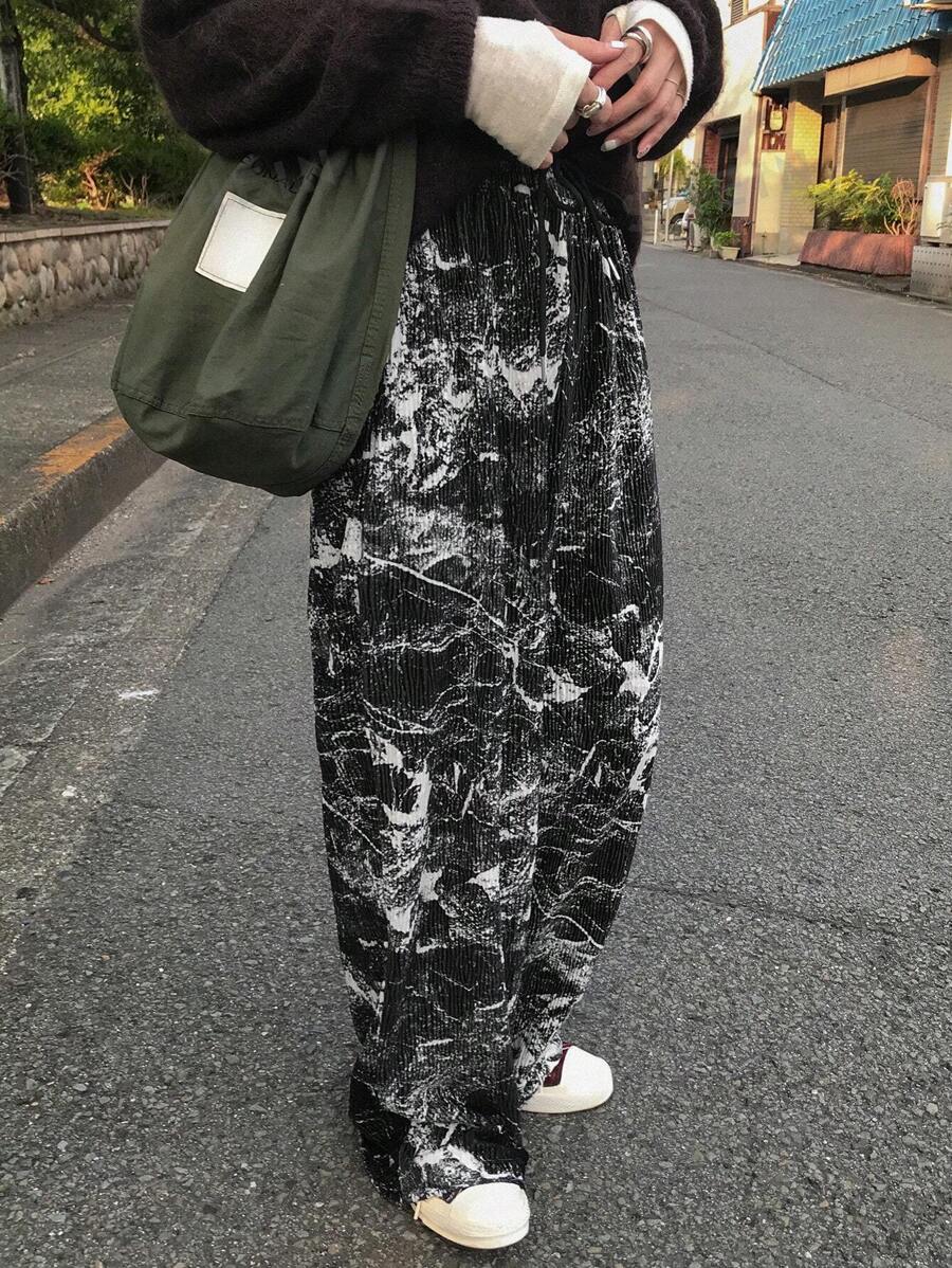 FRIFUL Pantalones casuales para mujer con bolsillo de cordón y estampado completo