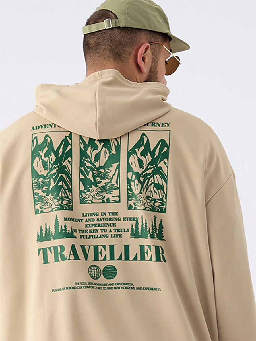Manfinity NXTstreet Sudaderas con capucha de corte holgado para hombre de talla grande con estampado de paisaje de punto, aptas para otoño/invierno