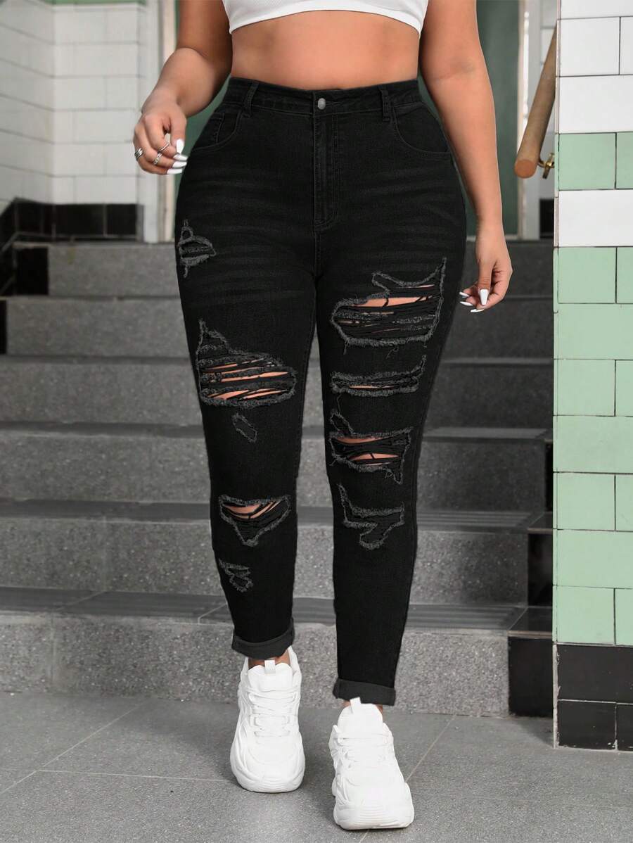 SHEIN EZwear Plus Size High Stretch Dark Washed Ripped Skinny Denim Jeans
