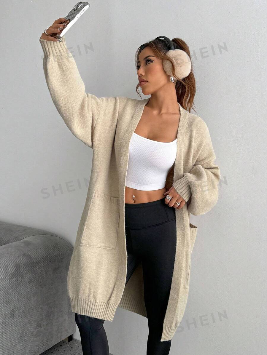 Flirla Cárdigan casual suelto de manga larga con hombros caídos y bolsillos de unicolor para mujer, otoño e invierno