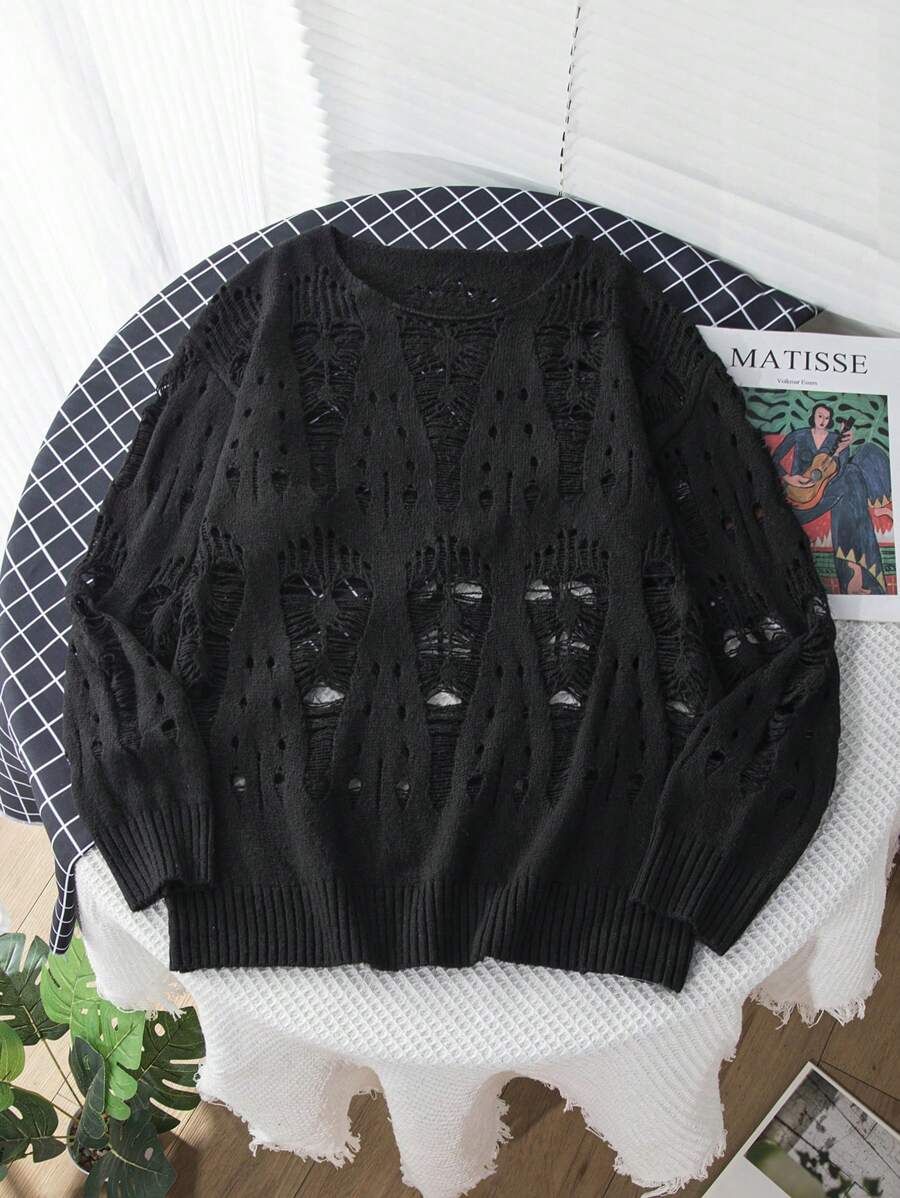 Manfinity EMRG Men's Solid Color Hollow-Out Knitted Sweater For Spring & Autumn, Men Goth Sweater, Black Sweater, Crochet Sweater, Men Knit Sweater, Y2k Sweaters