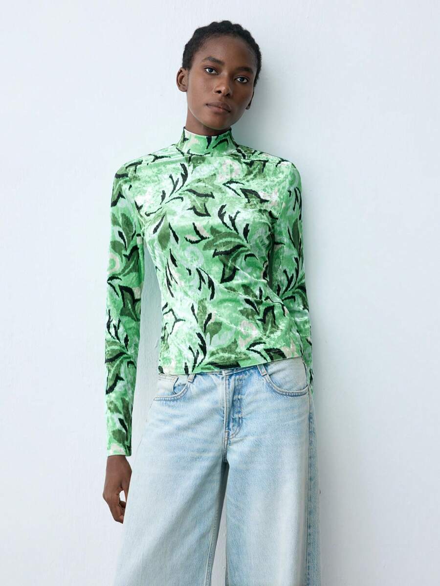 Maija Women's Velvet Floral Print Stand Collar Long Sleeve Casual T-Shirt, Autumn/Winter